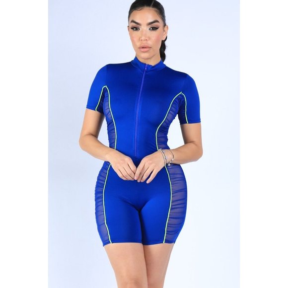 Women's Ruched Mesh Contrast Jumpsuit Romper Ladies Zipper Front Sexy Romper - Picture 3 of 12